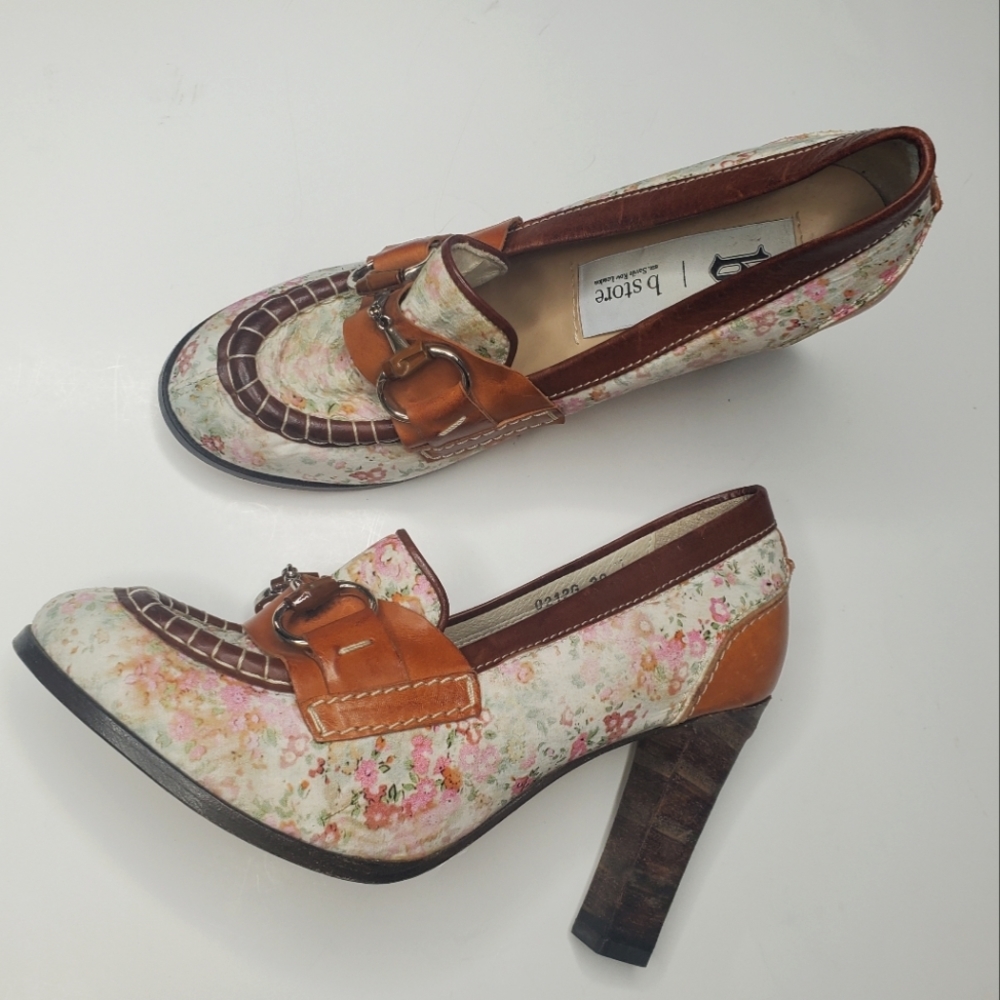 B Store London || Floral & Brown Leather Heels Sz 39